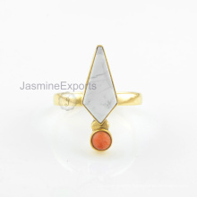 18k Gold White Howlite Ring, Beautiful Red Coral Multi Gemstone Ring Jewelry